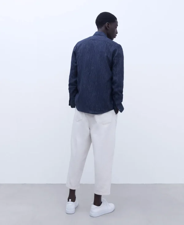 Adolfo Dominguez Camisas | Camisa As Riscas Em Linho Responsavel Europeu Azul As Riscas