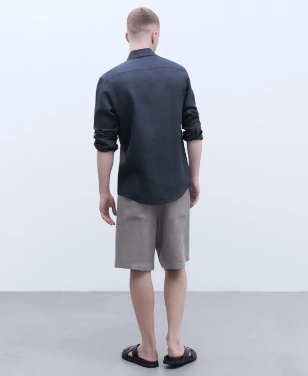 Adolfo Dominguez Camisas | Camisa Com Gola De Lapela Em Linho Europeu Azul-Marinho