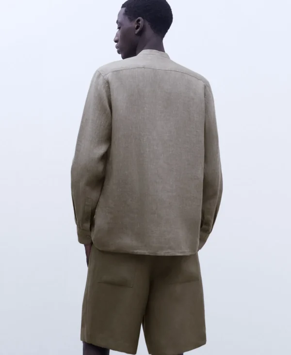 Adolfo Dominguez Camisas | Camisa Em Linho Com Gola Mao Cinzento/Verde