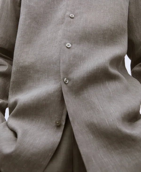 Adolfo Dominguez Camisas | Camisa Em Linho Com Gola Mao Cinzento/Verde