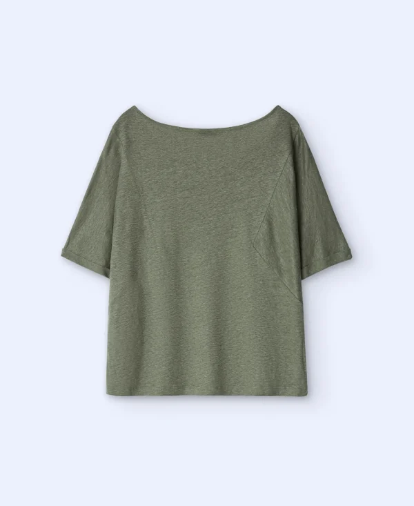 Adolfo Dominguez T-Shirts | Camisola De Gola Barco Em Linho Verde Escuro