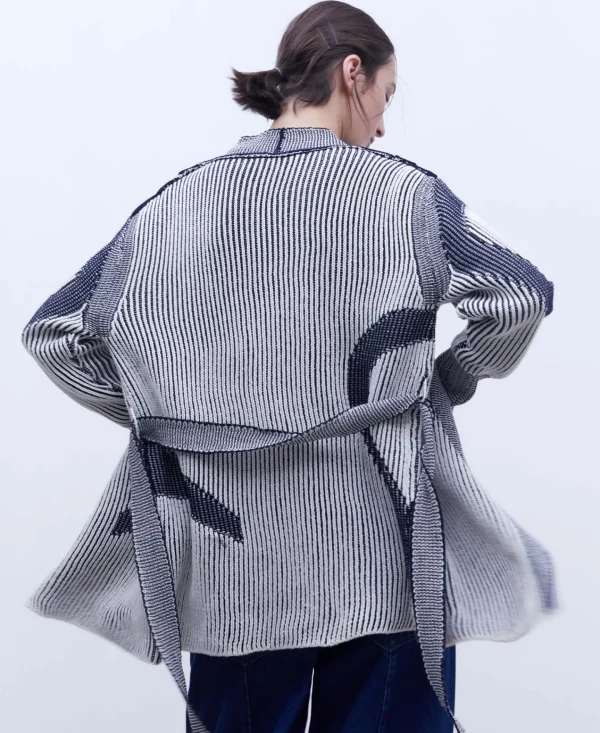 Adolfo Dominguez Malhas | Casaco Comprido Em Malha De Intarsia Areia/Azul-Marinho