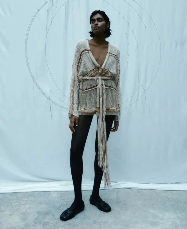 Adolfo Dominguez Malhas | Casaco De Malha Com Cinto Camel/Creme